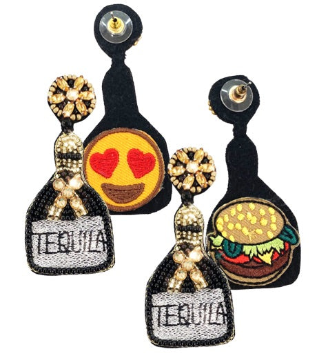 Tequila Twinkler Onyx Earrings with gold beads and embroidered "Tequila" design, perfect for statement jewelry.