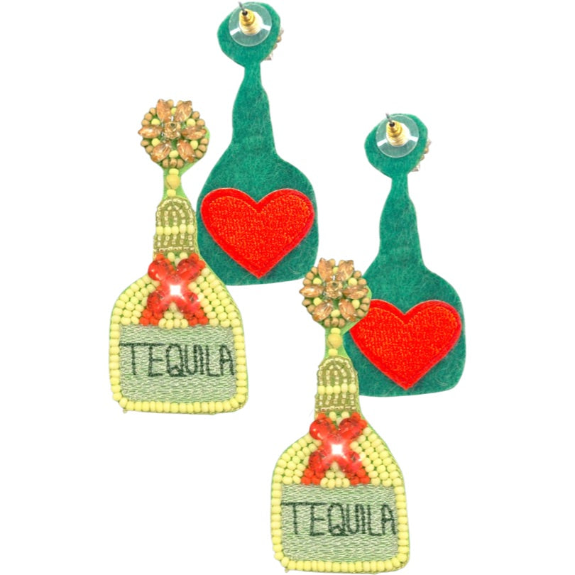 Beaded Tequila Twinkler Lime Earrings featuring a tequila bottle and lime design.