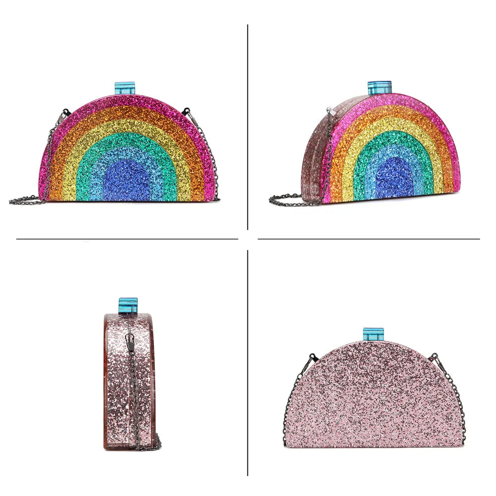 Trendy and colorful acrylic purse in a glitter rainbow design, perfect for parties and festivals.