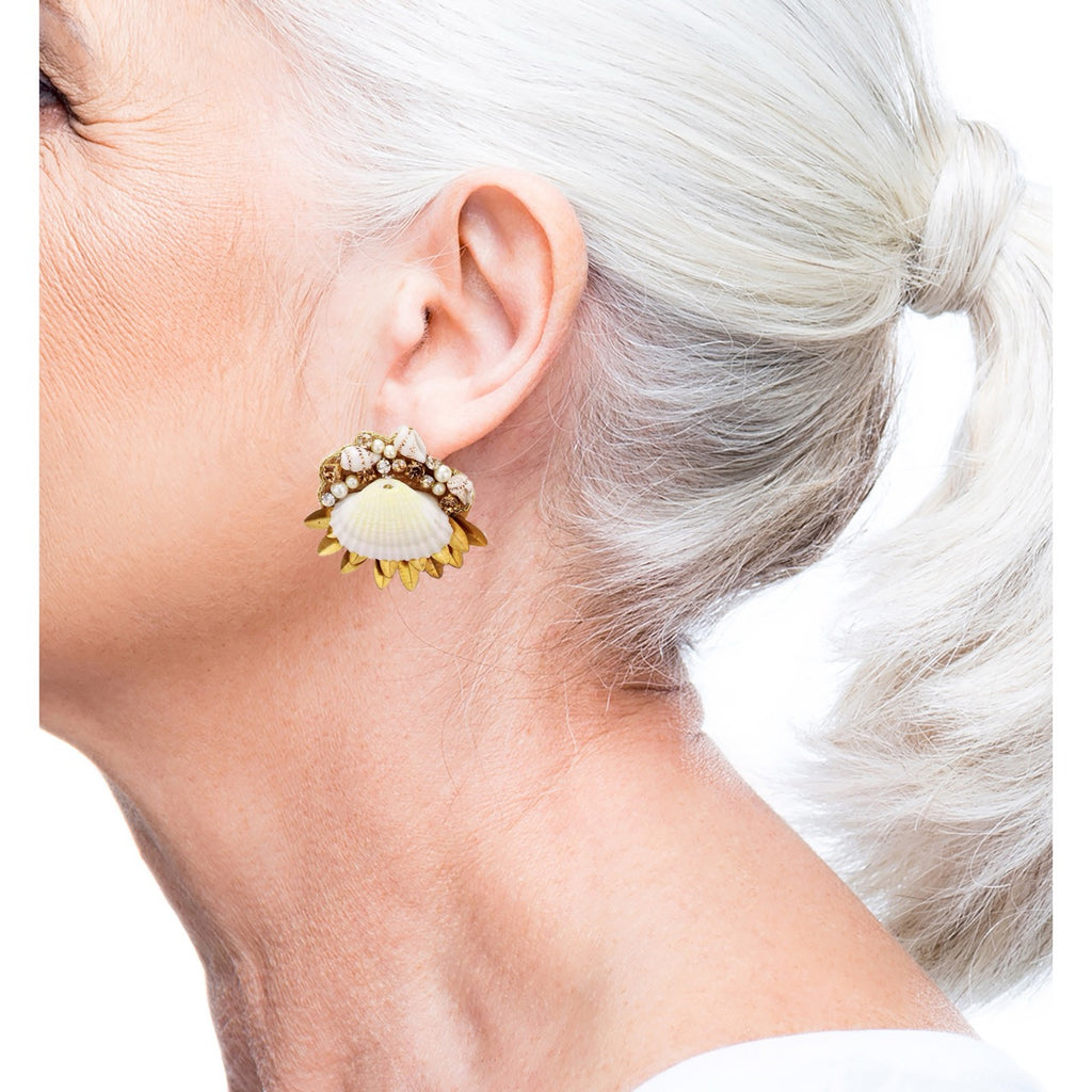 Stylish gold shell earrings featuring a unique cluster design with rhinestones and small shells.