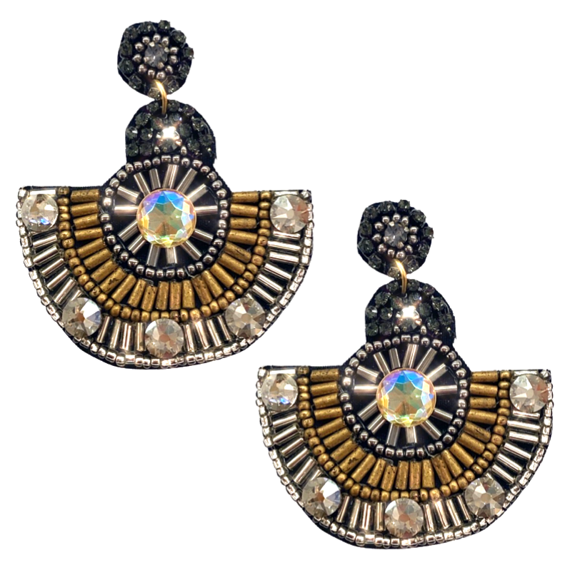 Statement chandelier earrings with opulent metallic details and a playful emoji and patch design.