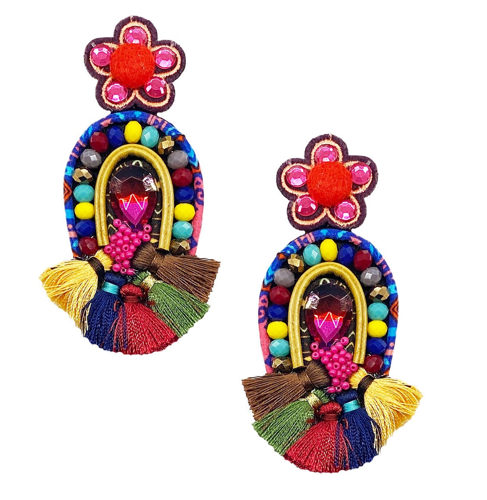 Mardi Gras Earrings with vibrant beadwork, multicolored tassels, and unique Sun and Moon patch design, perfect for festivals.