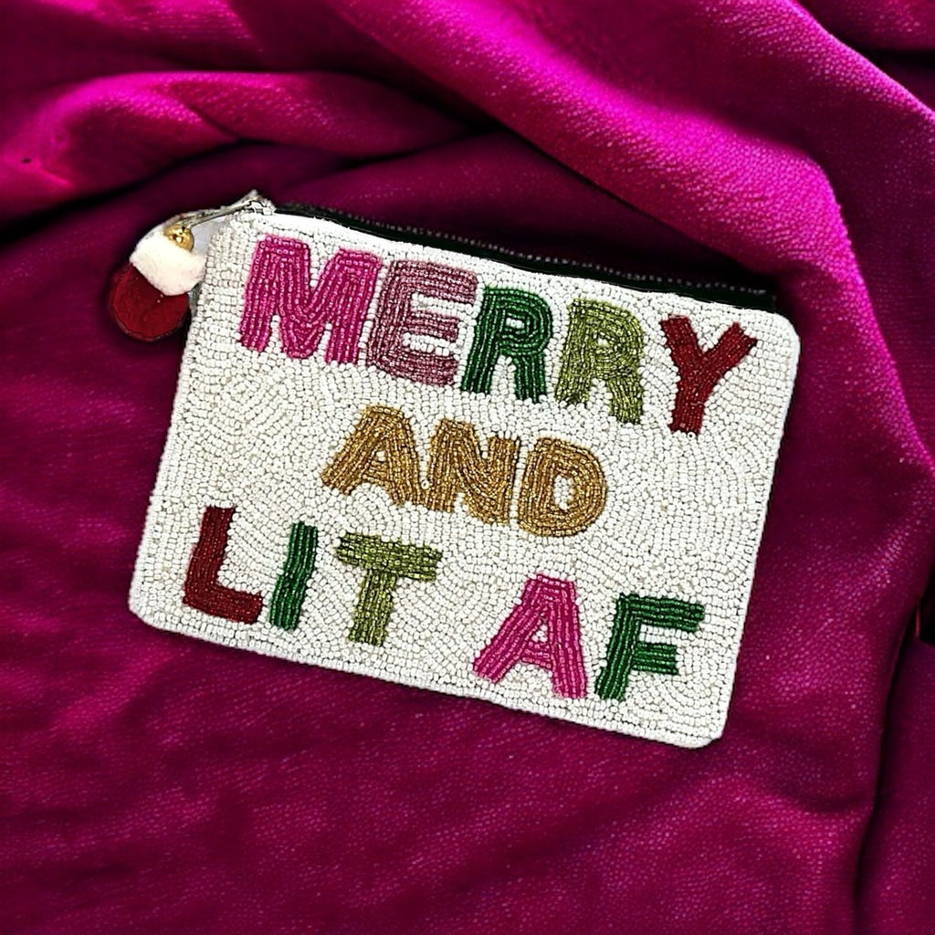 Christmas party pouch with "Merry and Lit AF" beaded design, perfect for carrying small essentials in style.