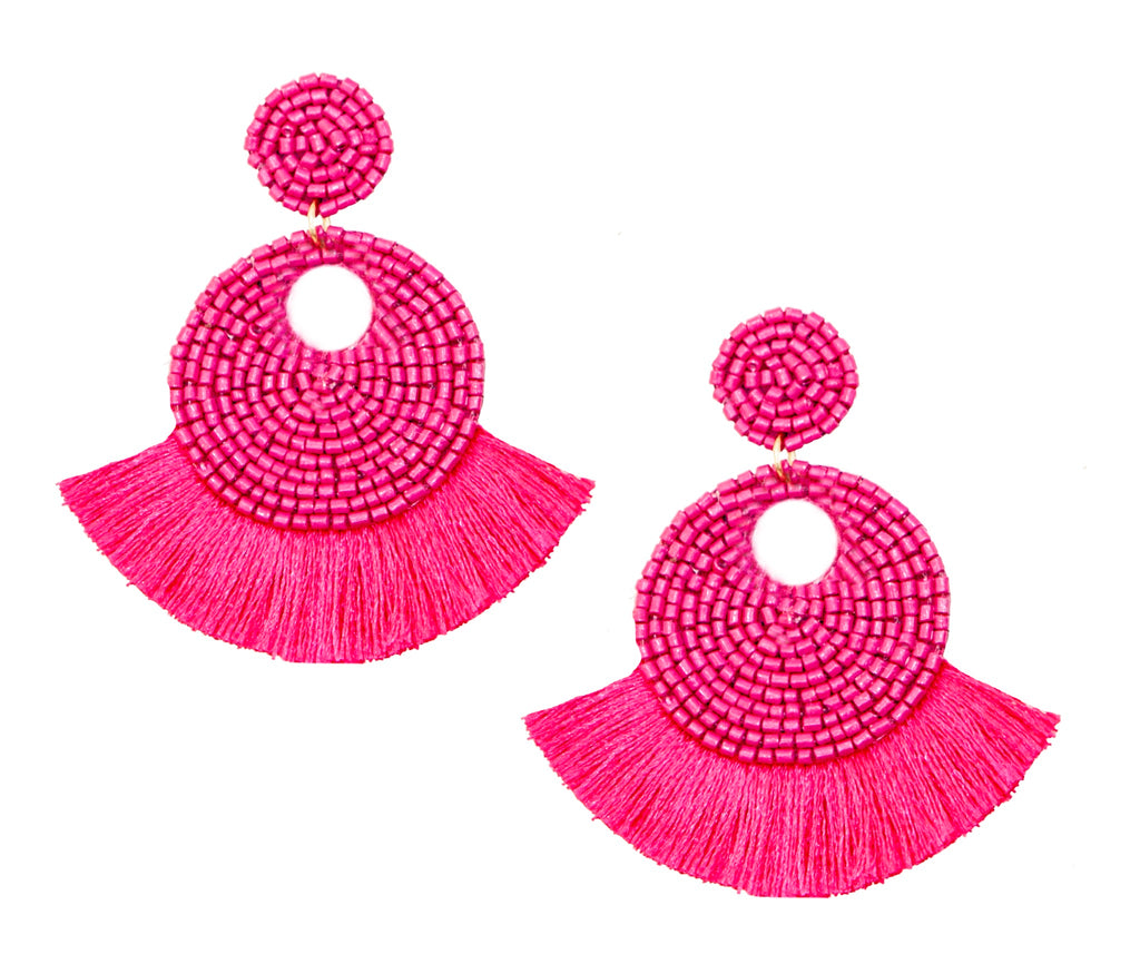 Fringe Benefits Petit Fuchsia Earrings featuring vibrant pink fringe, beaded design, and playful "Not Today" patch.