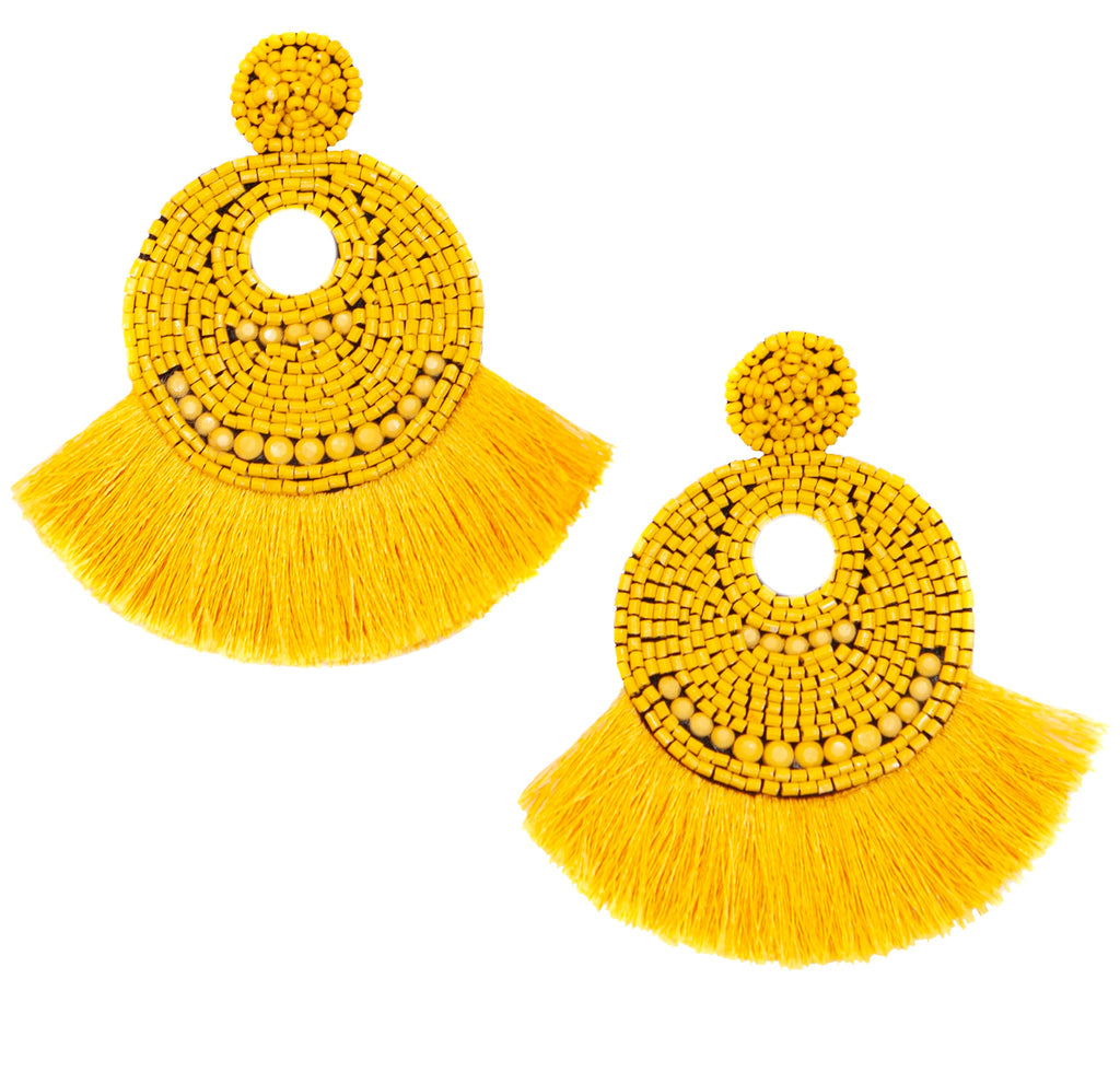 Bold yellow earrings with fringe detailing and a fun "BABE" patch, perfect for adding a pop of color to any outfit.