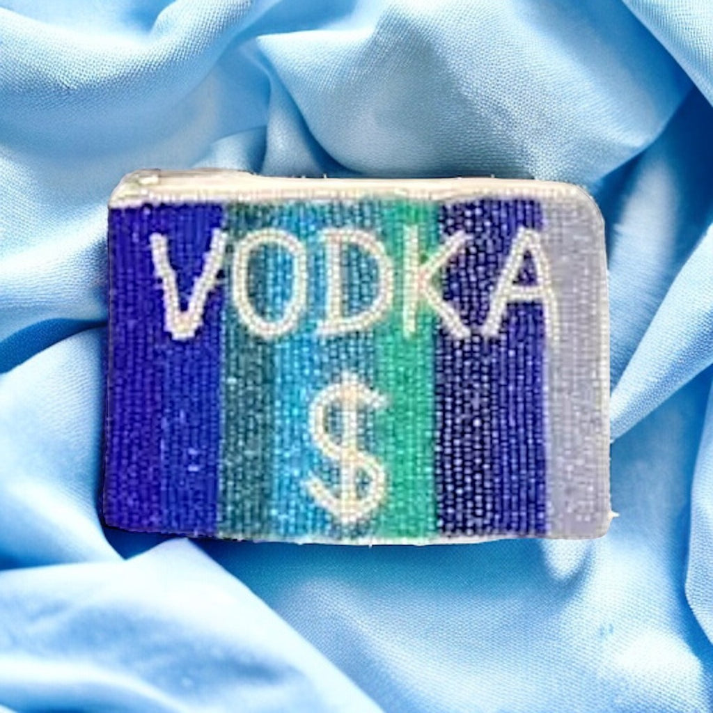 Handcrafted beaded pouch with "Vodka $" design, combining style and fun for the perfect evening accessory.