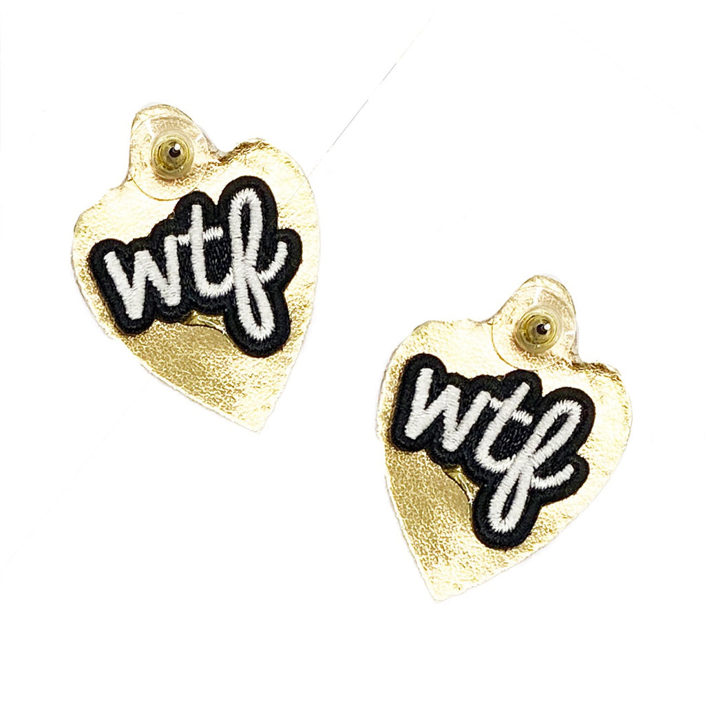 Gold rhinestone earrings with a unique WTF patch and heart-shaped shell design, great for casual and dressy looks.