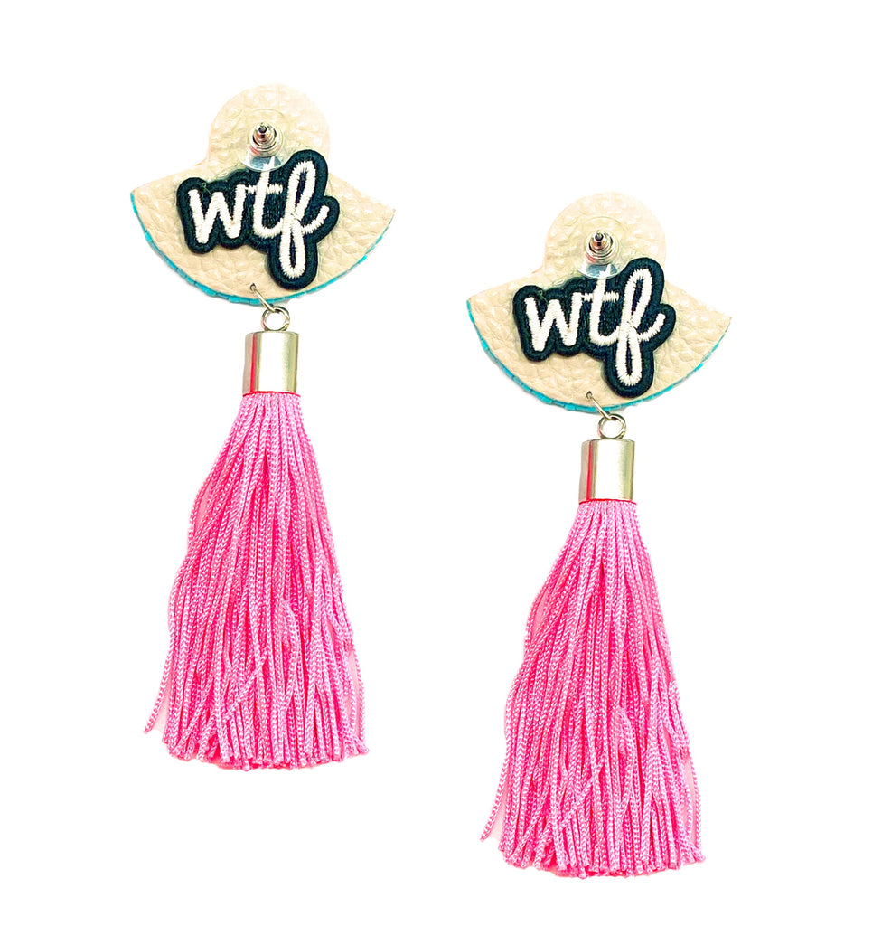 Eye-catching pink drop earrings with tassels and a WTF patch, designed for those who love colorful, fun accessories.