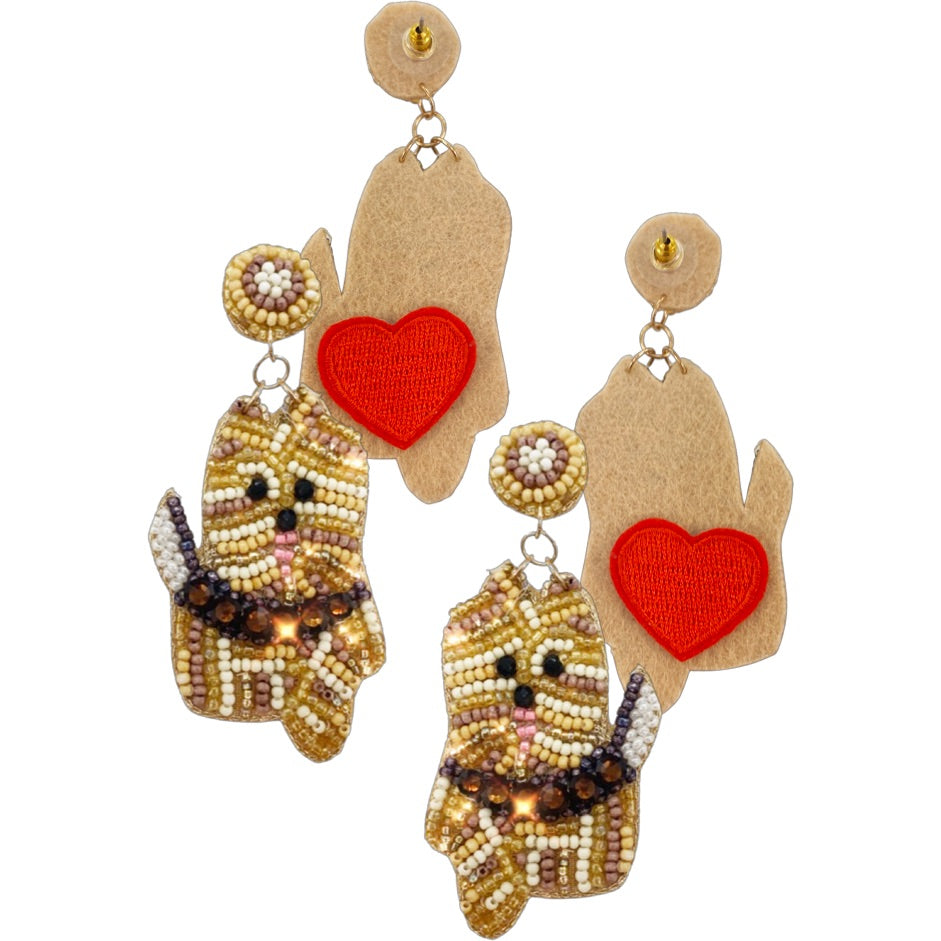 Beaded Yorkshire Terrier earrings with heart design on back.