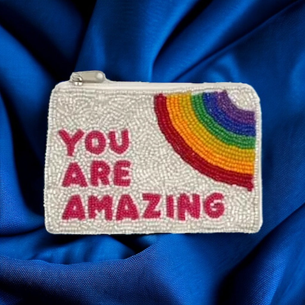 You Are Amazing Beaded Pouch featuring a motivational message and rainbow design, perfect for carrying small essentials.