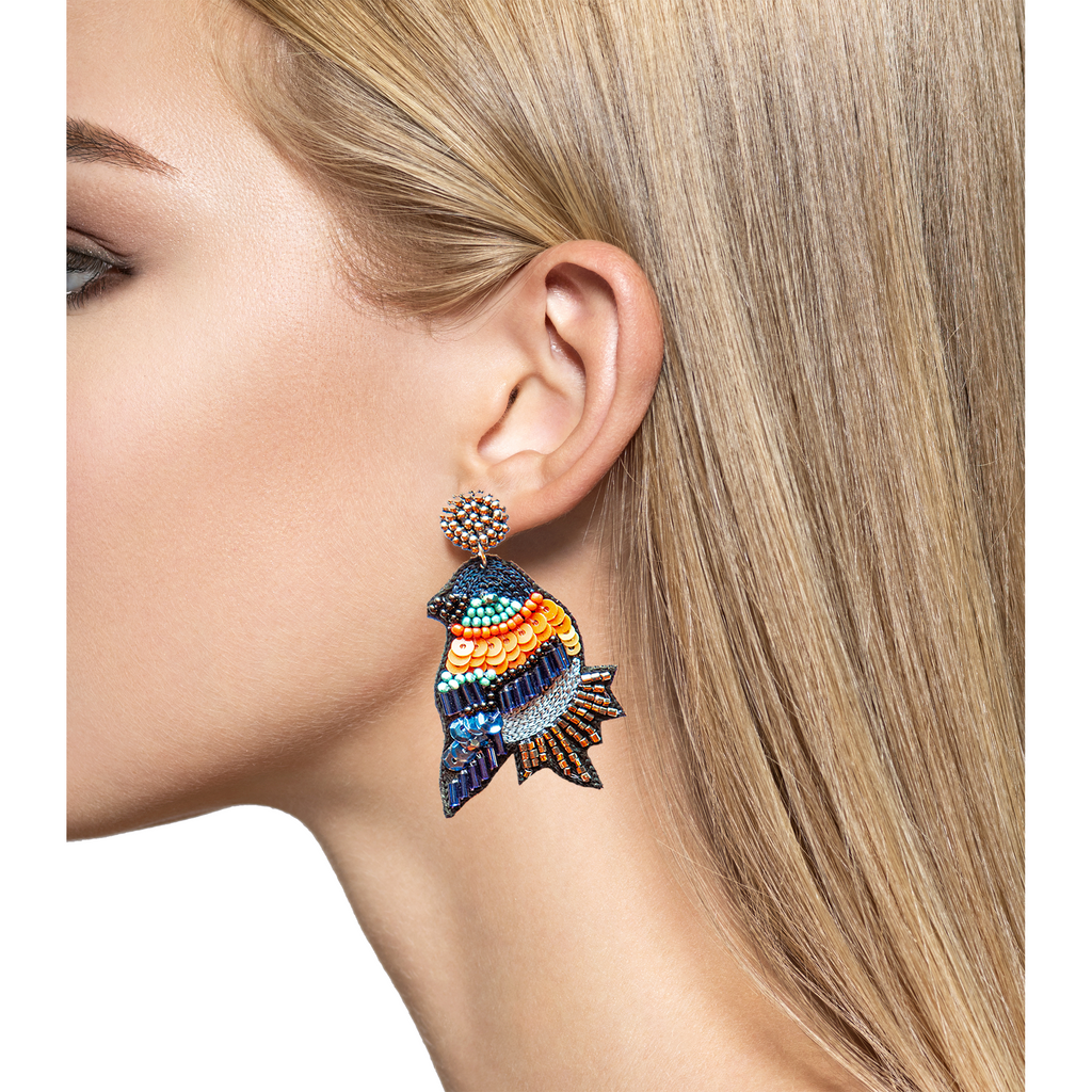 Artistic bluebird statement earrings with a bold heart motif, lightweight and hypoallergenic.