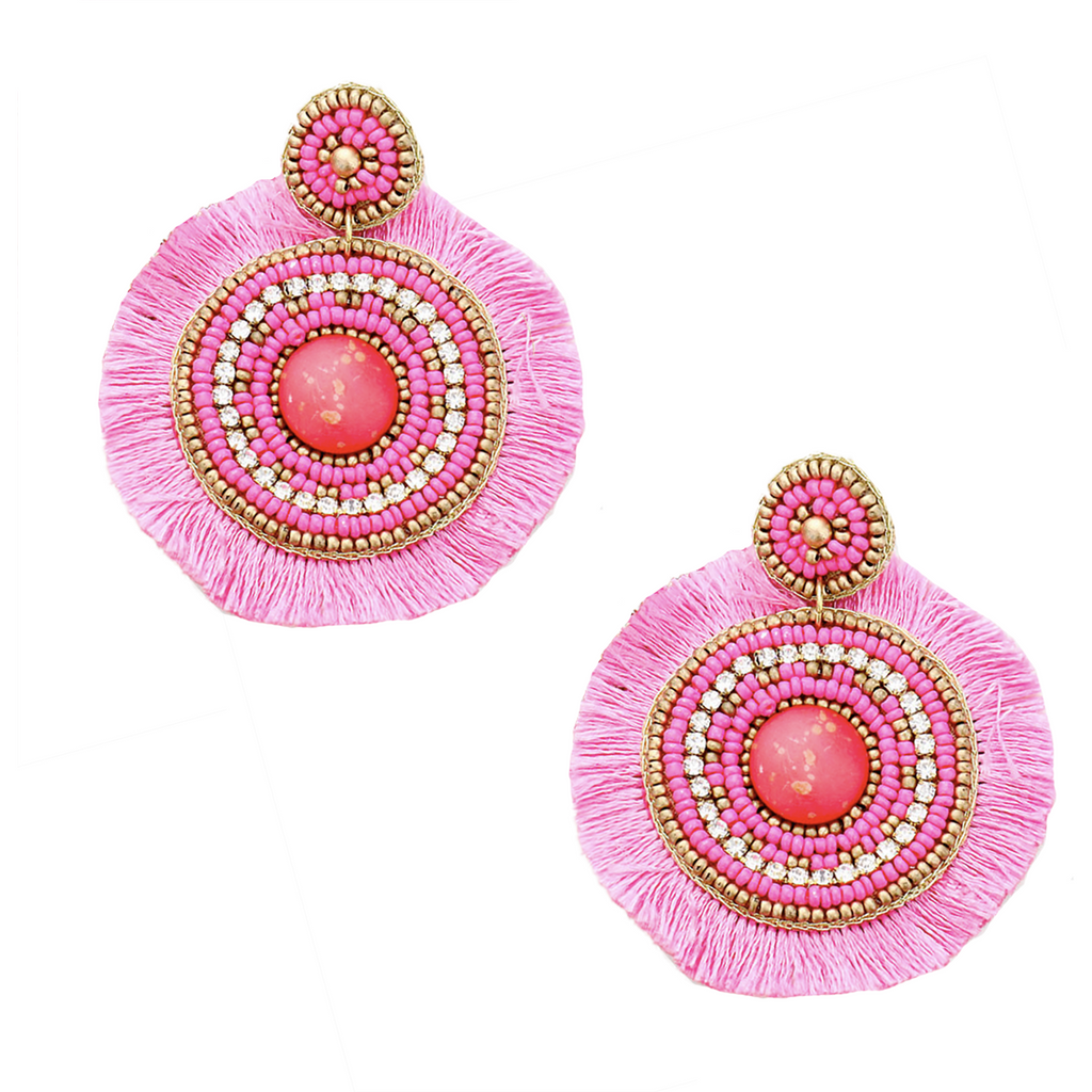 Champagne All Day Earrings featuring pink beads, plush fringe, and fun patch designs, 2.5 inches long.