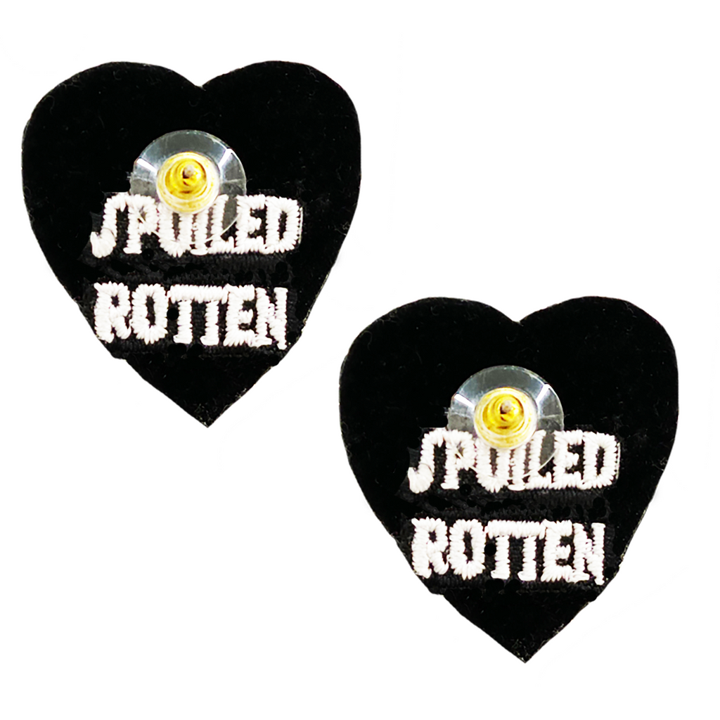 Lightweight black heart earrings featuring a unique "Spoiled Rotten" motif.