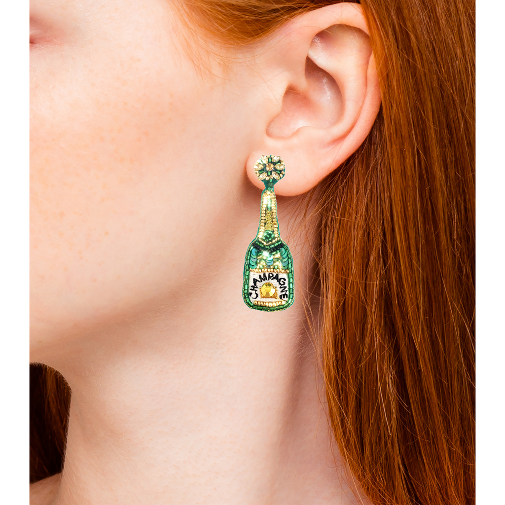 Handcrafted Green Champagne Bottle Earrings with Heart Patch - Hypoallergenic