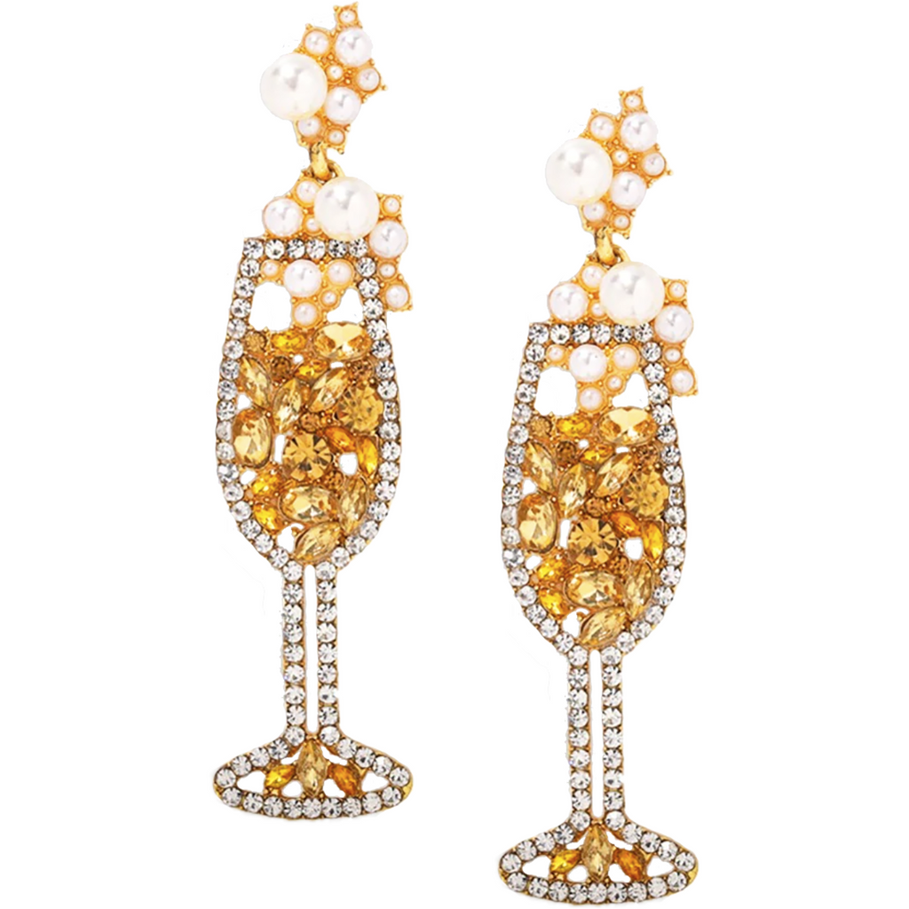 Handcrafted crystal drop earrings mimicking champagne glasses, hypoallergenic, available in two colors.