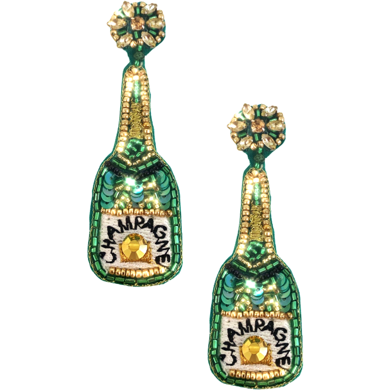 Fun green earrings shaped like champagne bottles with red heart detail, perfect for celebrations.