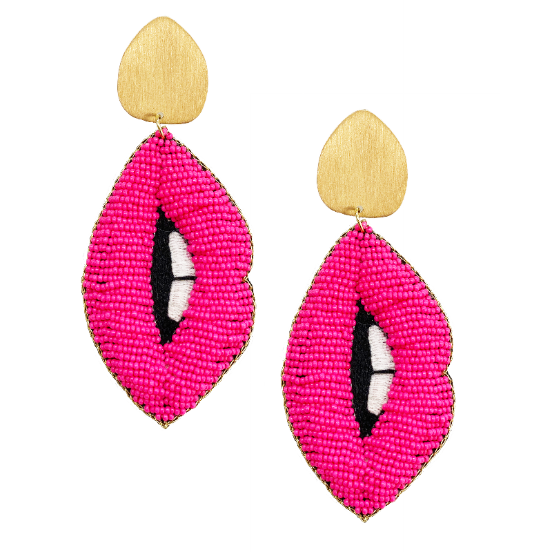 Bold pink lip-shaped earrings with gold details and a unique patch design for a statement look.