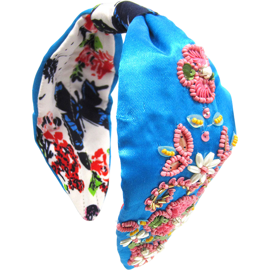 Blue Full Bloom Headband featuring embellished floral designs on a wide knot band, 3.5 inches wide.