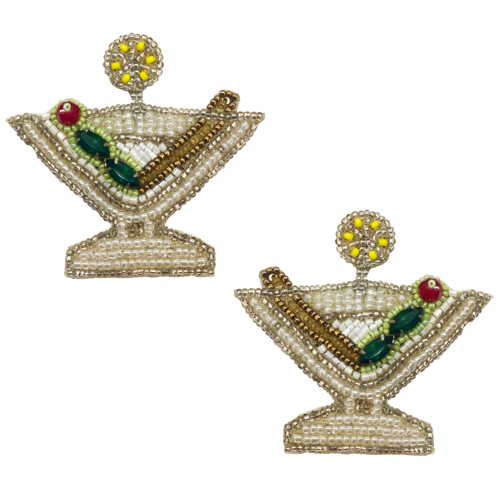 Fun statement earrings shaped like martini glasses with sparkling rhinestone details.