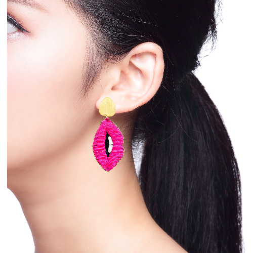 Statement earrings with pink lips, gold accents, and "Hello / What?" text, lightweight for comfort.