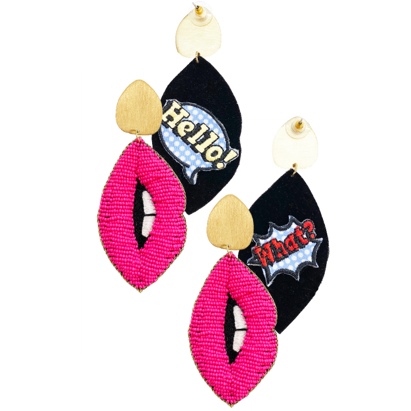 Pink lip earrings with gold accents featuring a "Hello / What?" patch design, lightweight and trendy.