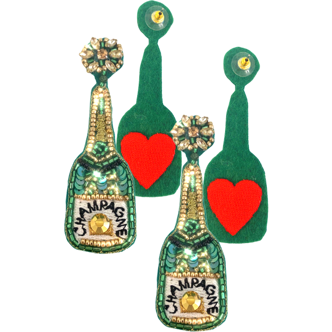 Handcrafted green and gold earrings shaped like champagne bottles with red heart patch.