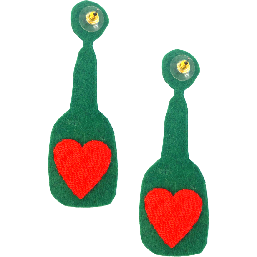 Green beaded champagne bottle earrings with heart patch, handcrafted and hypoallergenic.