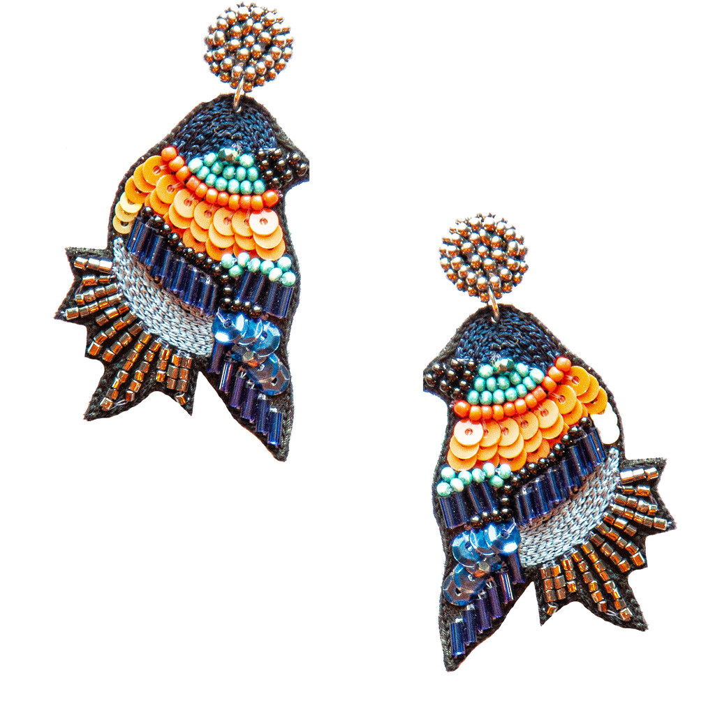 Lightweight, hypoallergenic statement earrings featuring a colorful bluebird and heart.