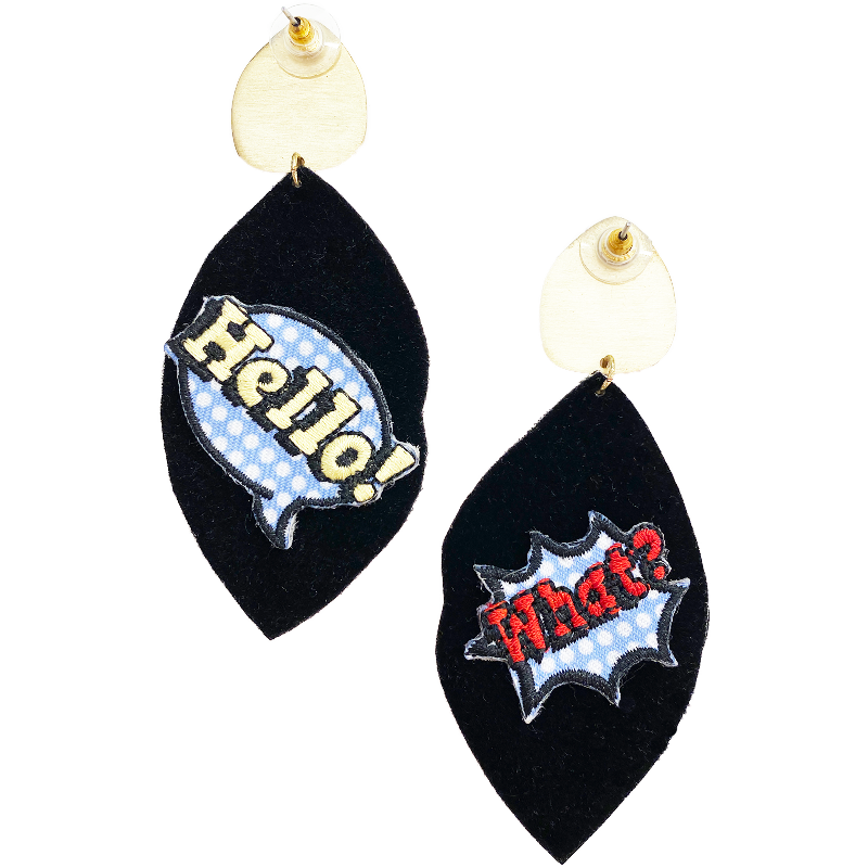 Fun and bold lip earrings with a "Hello / What?" patch, perfect for fashion-forward outfits.