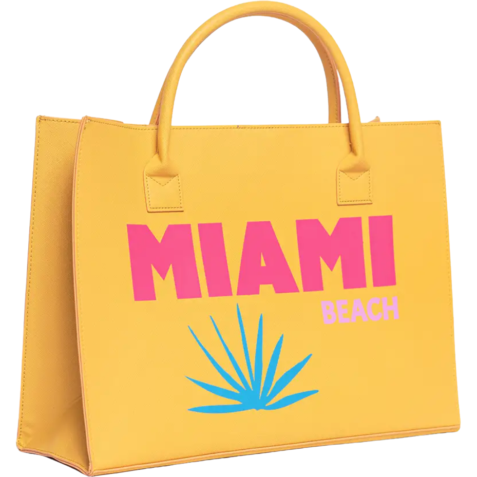 Bright yellow tote bag with "Miami Beach" text and blue palm graphic, ideal for vacation or beach use.