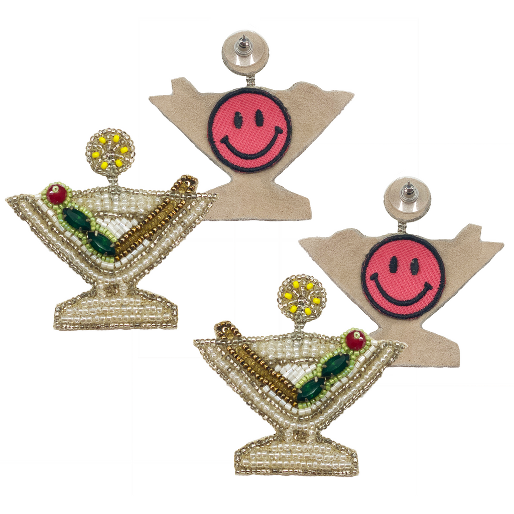 Beaded martini earrings with a playful "Happy Hour" patch, perfect for parties and celebrations.