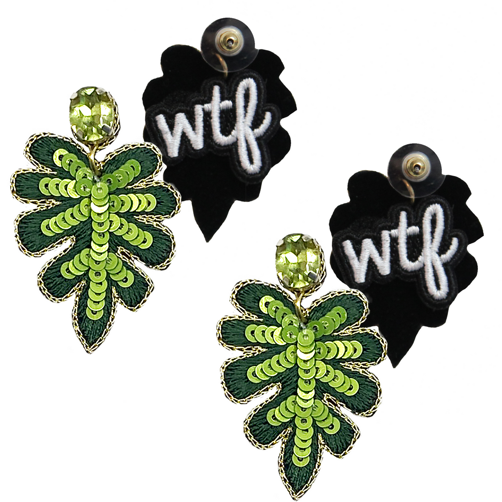 Green gem leaf earrings with duo-tone sequins and a bold WTF patch design on the back.