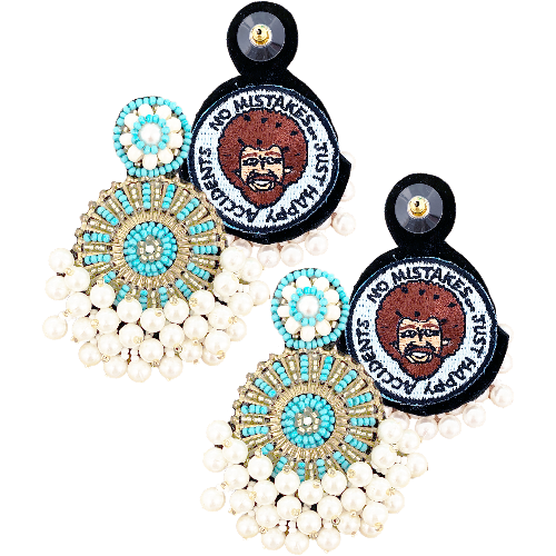 Pacific Chill Earrings featuring a Bob Ross "No Mistakes, Just Happy Accidents" patch and intricate blue beaded detailing.