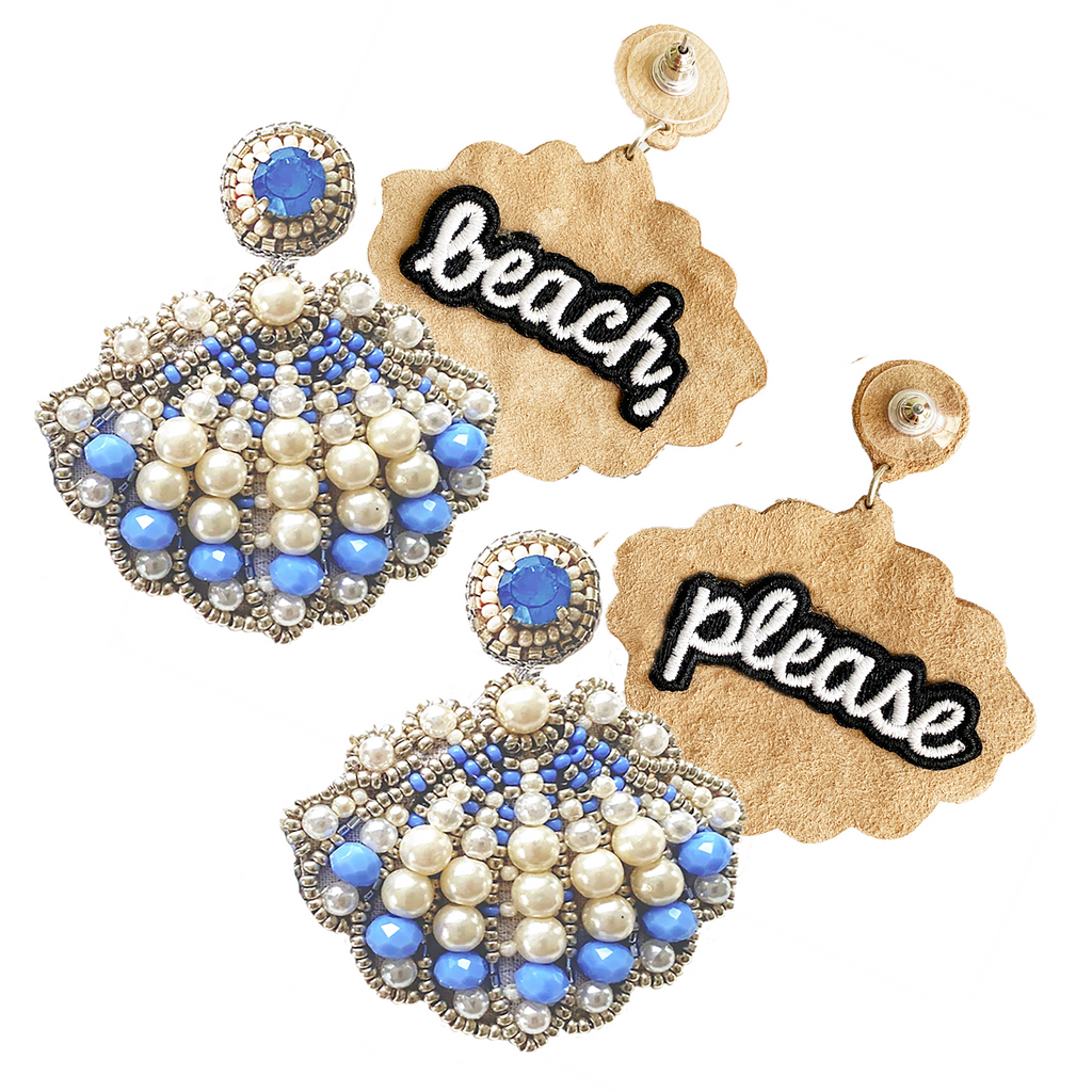 Pearl and beaded shell earrings with "Beach, Please" patch for coastal-inspired style.