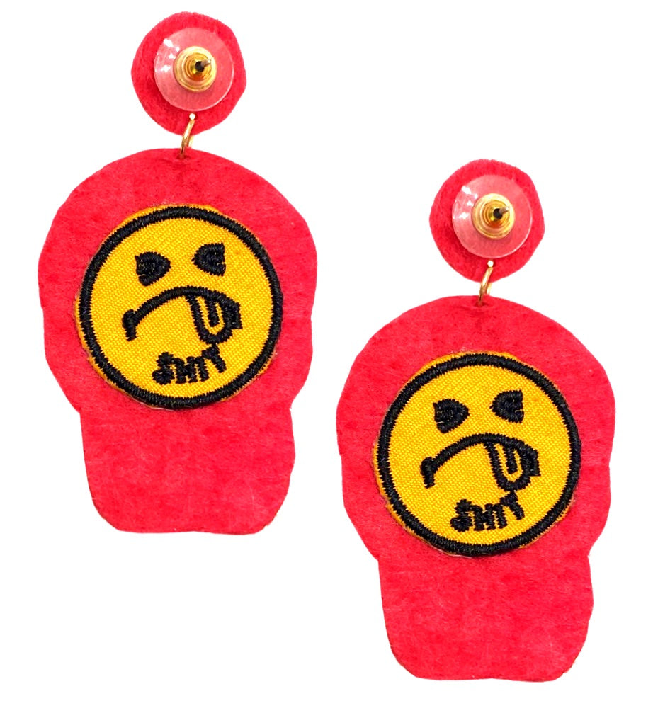 Playful pink felt backing featuring an embroidered yellow 'ugh' emoji design, adding a cheeky and humorous touch to these bold earrings.