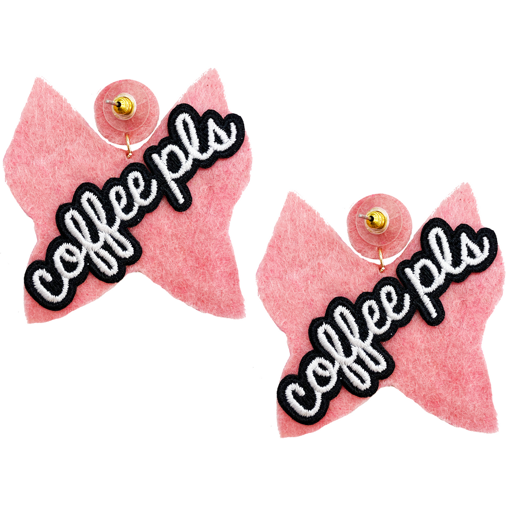 Sparkly lightweight earrings featuring pink butterflies and coffee-inspired patch details.