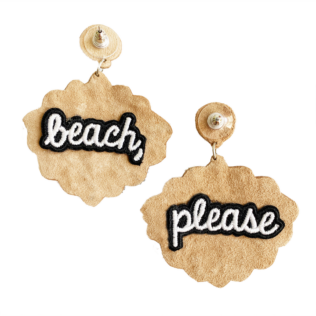 Coastal-themed statement earrings featuring pearls, beads, and "Beach, Please" accents.