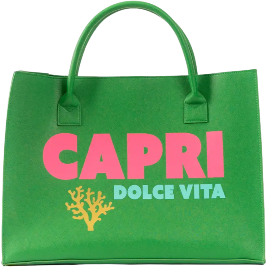 Stylish green tote bag with bold Capri branding and yellow coral design for a tropical, fun look.