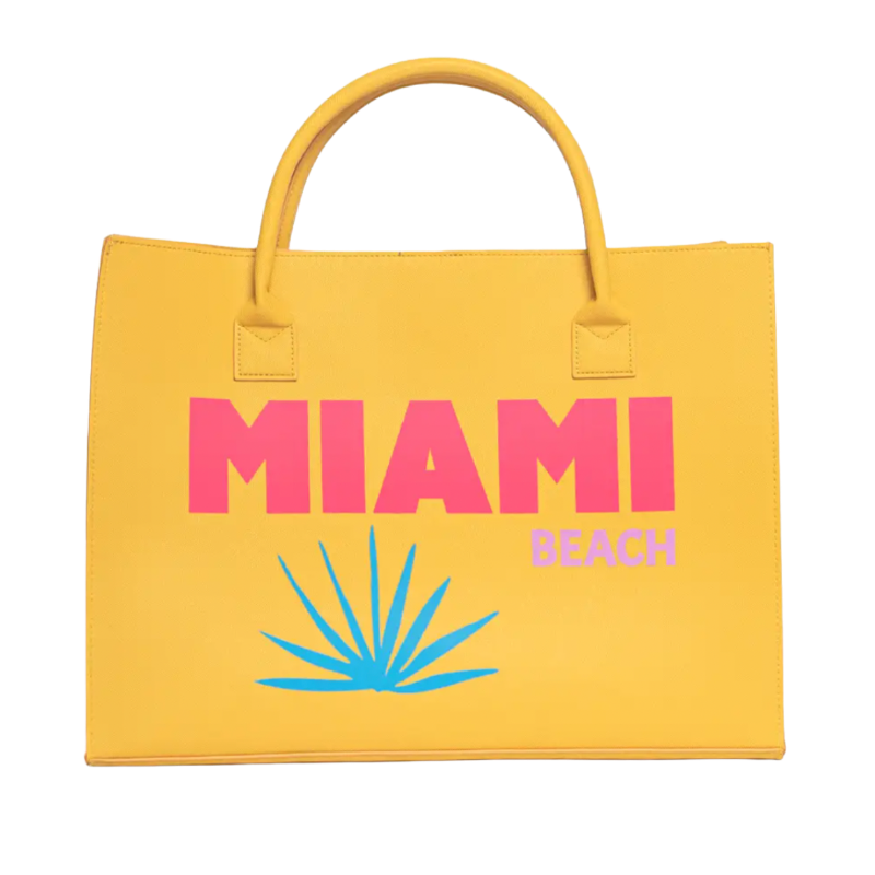 Yellow Miami Beach tote bag with bold pink and blue graphic design, perfect for summer outings.