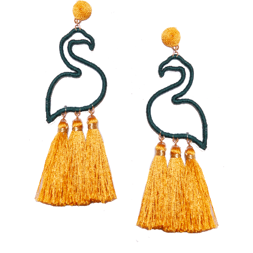 Bold and glamorous flamingo earrings with orange tassels, shown against a white background.