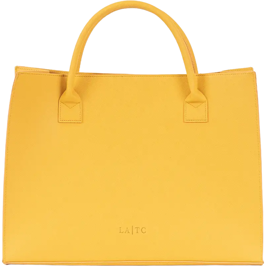 Stylish yellow tote bag featuring vibrant Miami Beach print in pink and blue, large enough for all essentials.