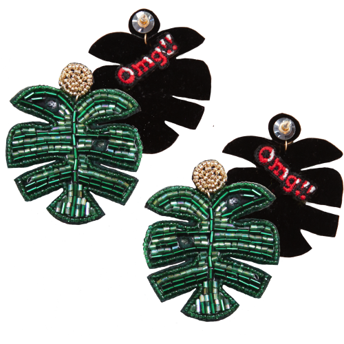 Handcrafted green tropical leaf earrings with intricate beadwork, inspired by the lush foliage of Fiji.