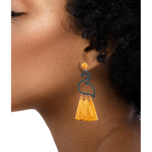 Safari-inspired flamingo tassel earrings with vibrant sunset colors, worn by a model.