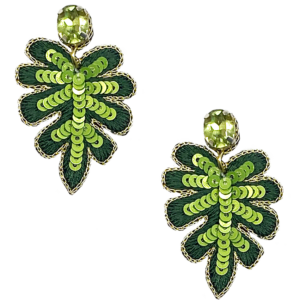 Lightweight statement earrings featuring green leaves, sequins, and a playful WTF patch.